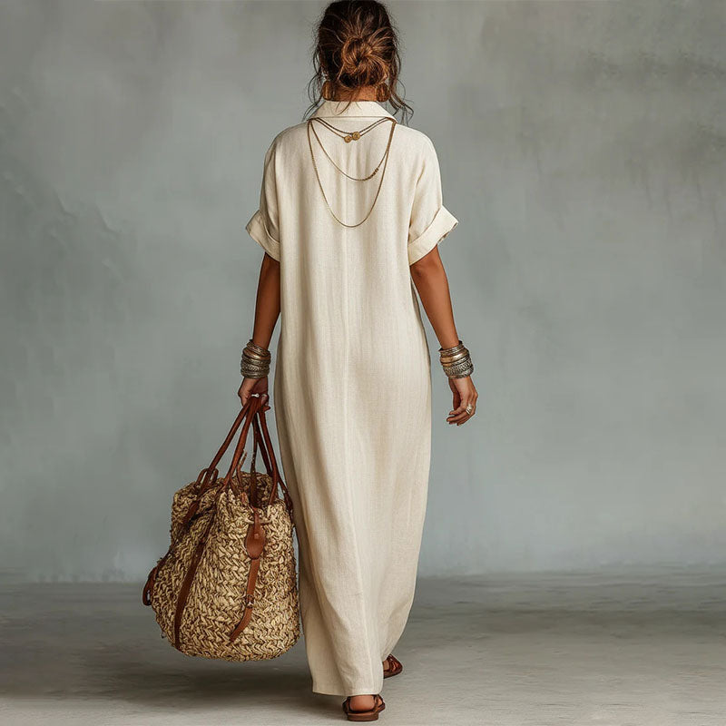 Collared short-sleeved V-neck loose dress