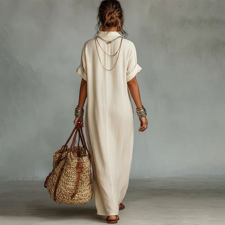 Collared short-sleeved V-neck loose dress