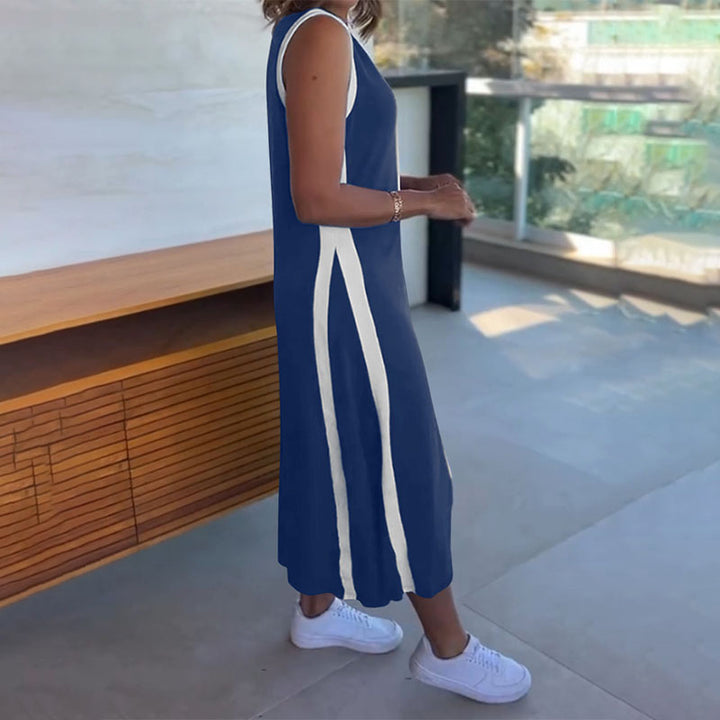 V-neck striped sleeveless slit dress