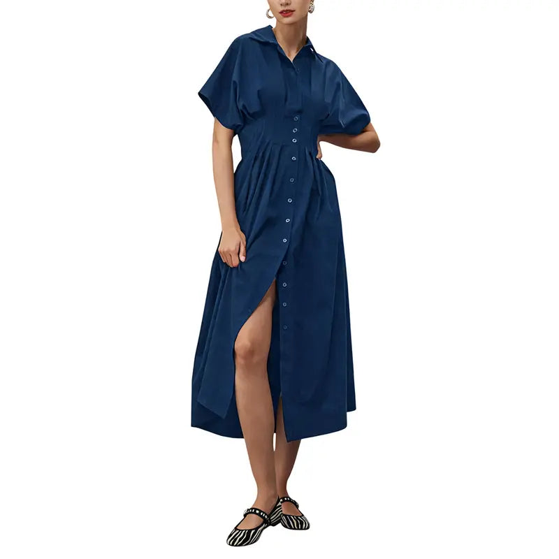 Cinched Waist Button-Front Midi Shirt Dress