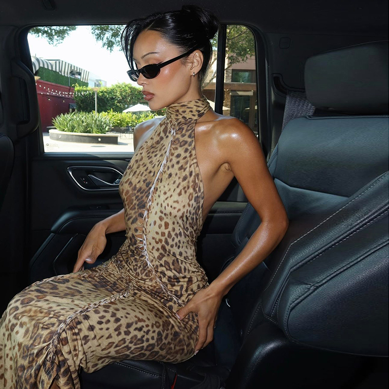 Leopard-print open-back ruched maxi dress