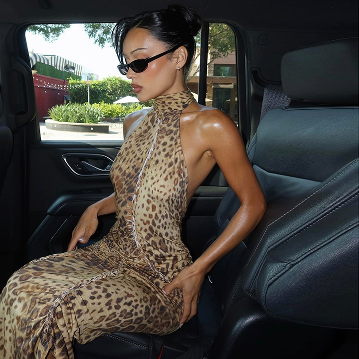 Leopard-print open-back ruched maxi dress