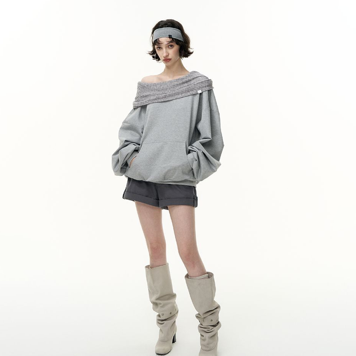 Off Shoulder Pocket Front Loose Long Sleeve Sweatshirt