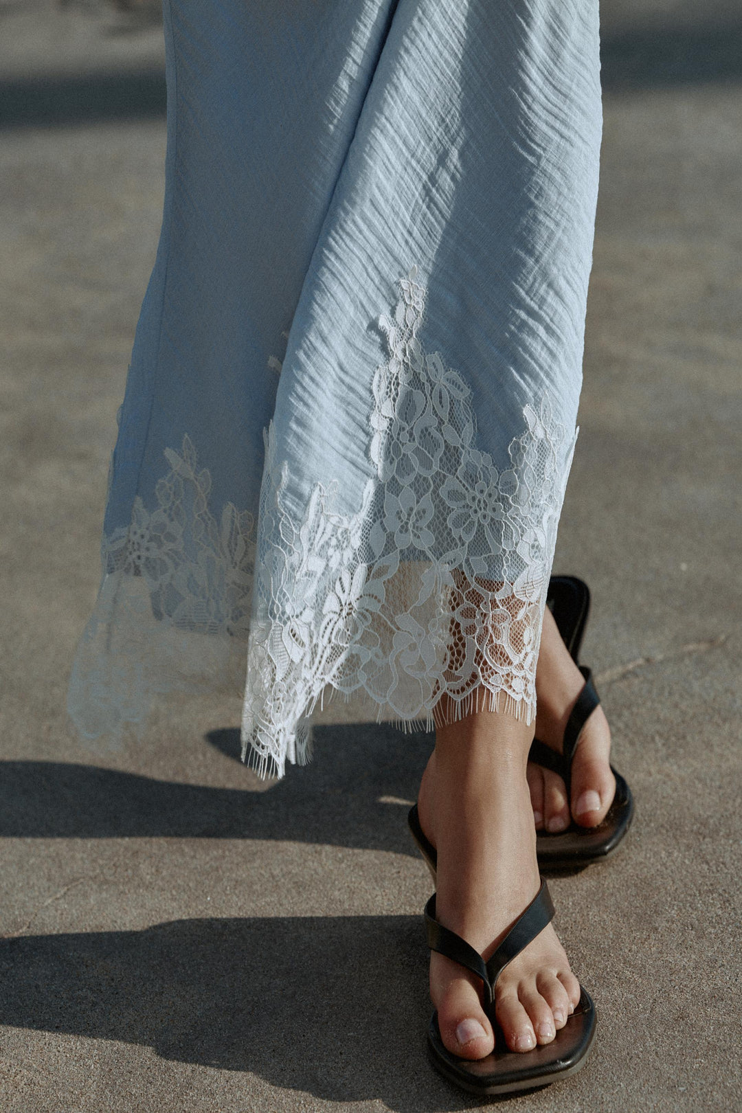 French Lace Trim Cami + Midi Skirt Two-Piece Set | Baby Blue Crinkle Chiffon Romantic Set
