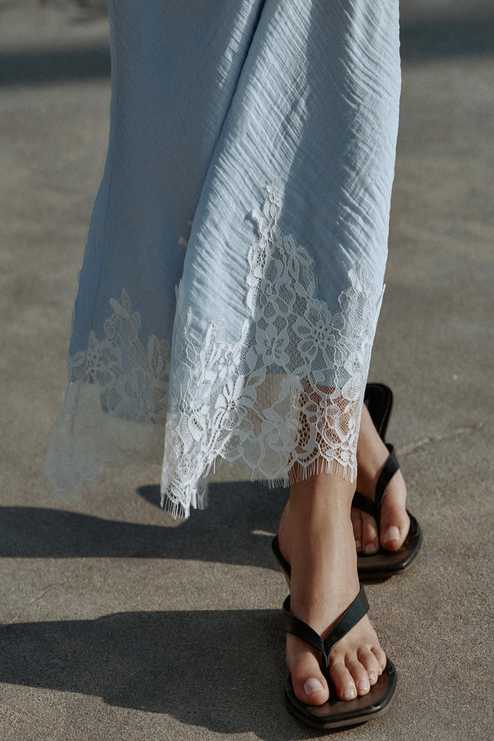 French Lace Trim Cami + Midi Skirt Two-Piece Set | Baby Blue Crinkle Chiffon Romantic Set