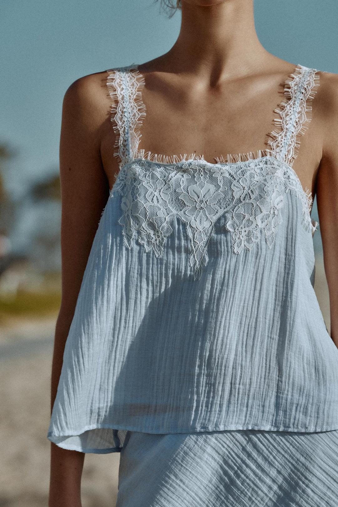 French Lace Trim Cami + Midi Skirt Two-Piece Set | Baby Blue Crinkle Chiffon Romantic Set