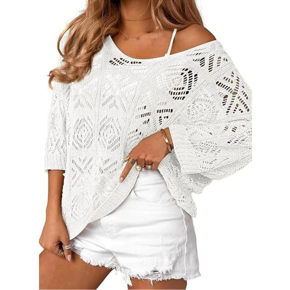 Openwork three-quarter sleeve knitted cover-up