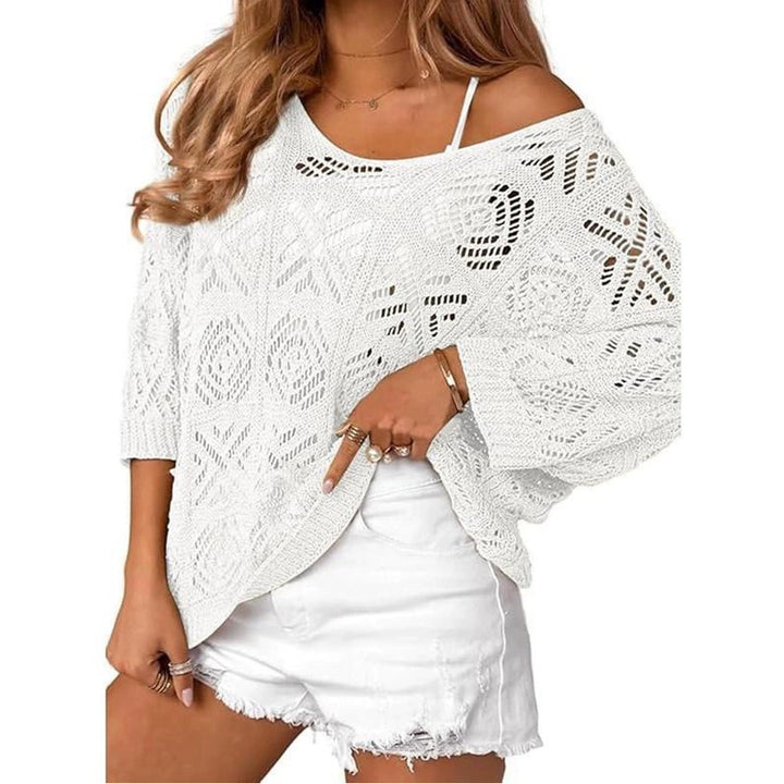 Openwork three-quarter sleeve knitted cover-up