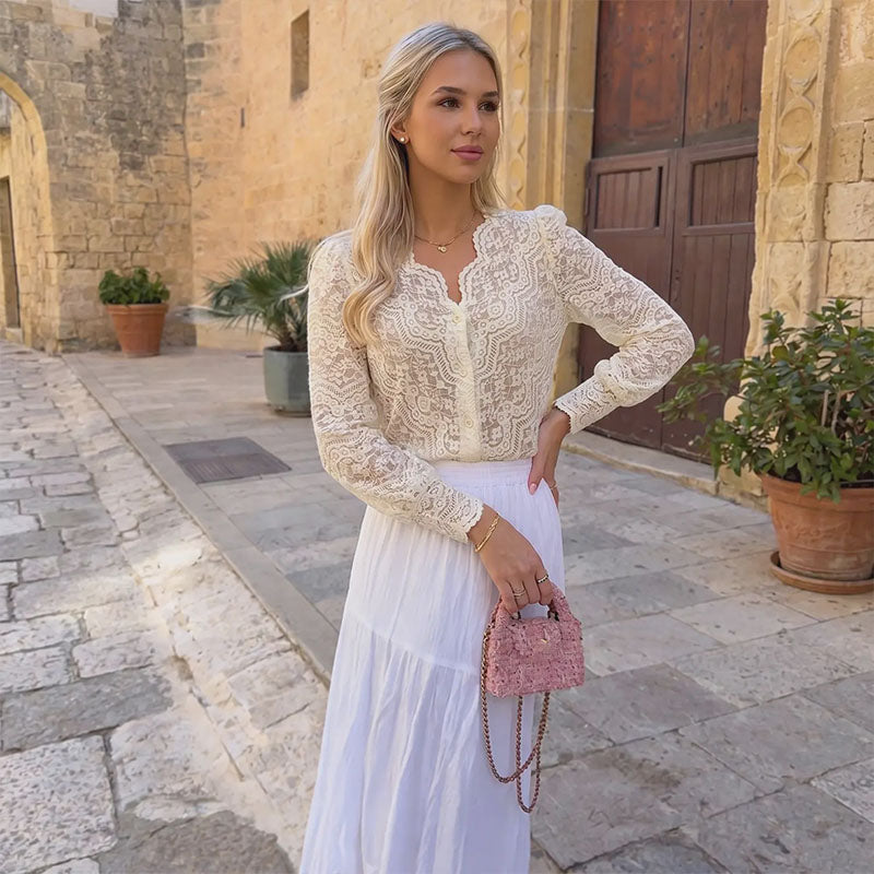 Scalloped V-neck lace top