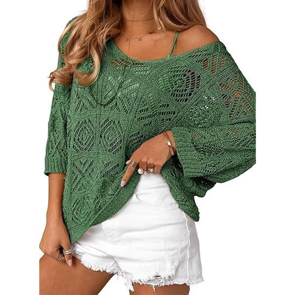 Openwork three-quarter sleeve knitted cover-up