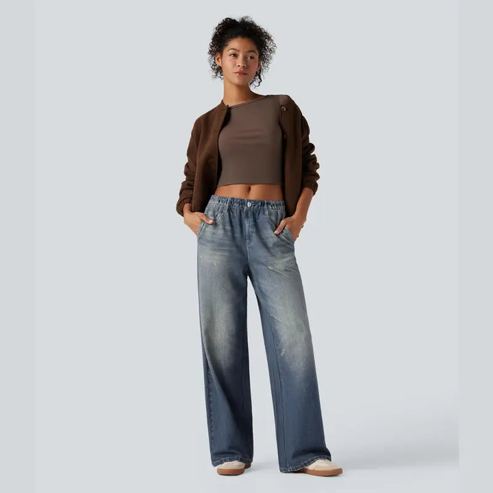 Mid Rise Denim Print Casual Jeans with Pockets | 90s Relaxed Fit Gradient Denim Pants