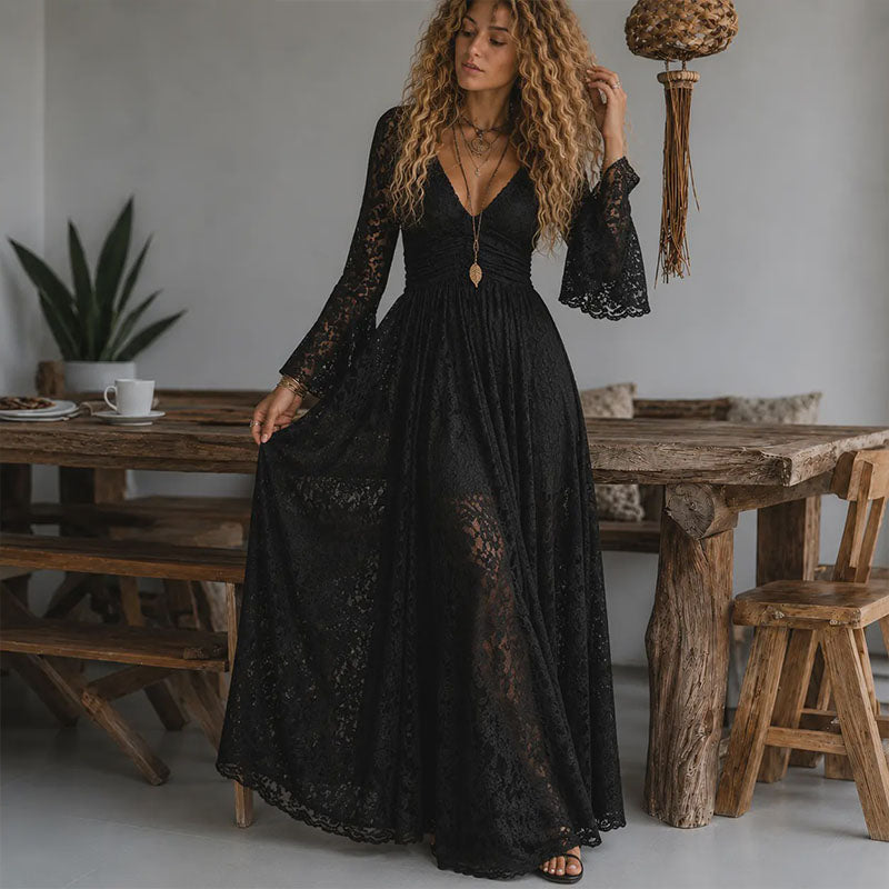 V-neck flared sleeve lace dress