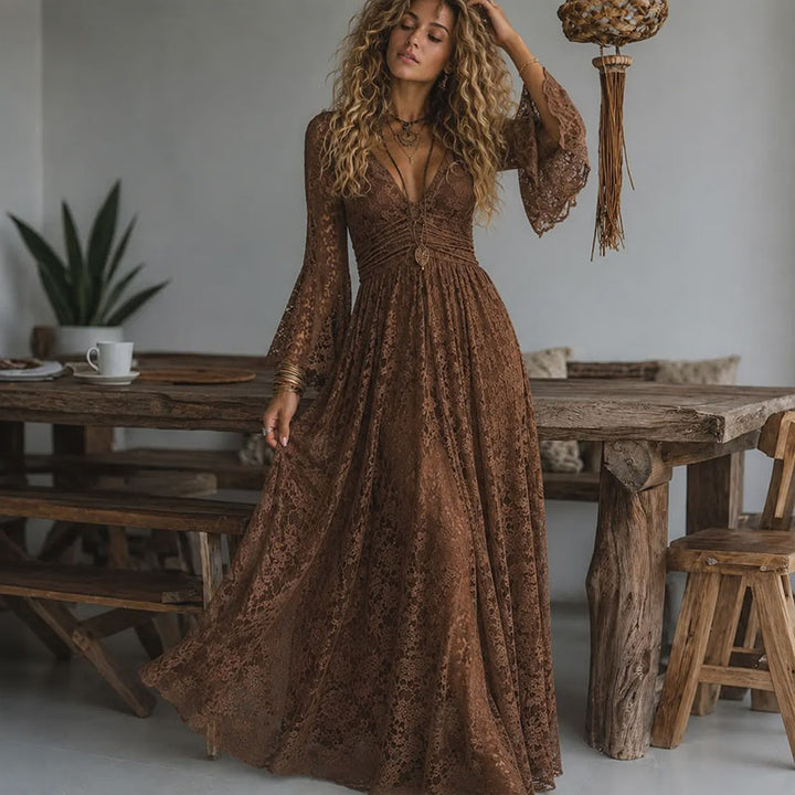 V-neck flared sleeve lace dress