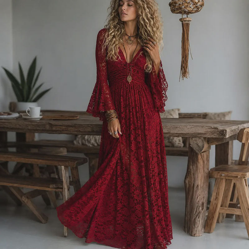 V-neck flared sleeve lace dress