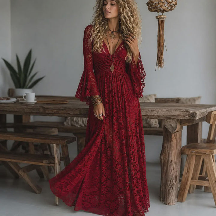 V-neck flared sleeve lace dress