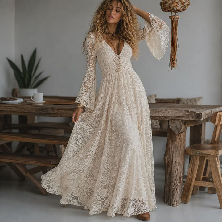V-neck flared sleeve lace dress