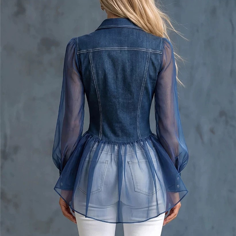 Long-sleeve denim and mesh shirt-jacket