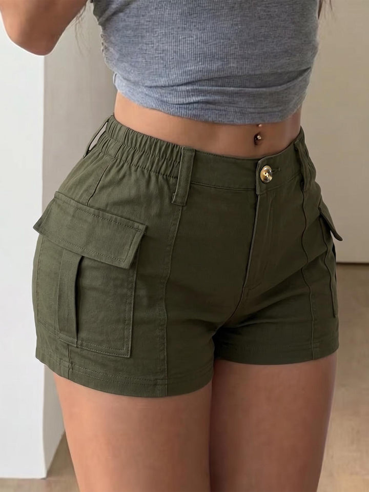 High Waist Cargo Shorts With Elastic Back Waist