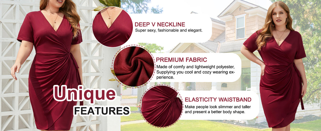 Plus Size Burgundy Wrap-Front Ruched Midi Dress