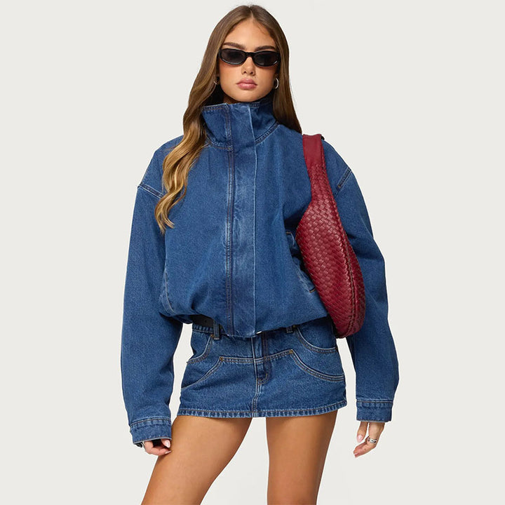 Minimalist stand-collar denim jacket