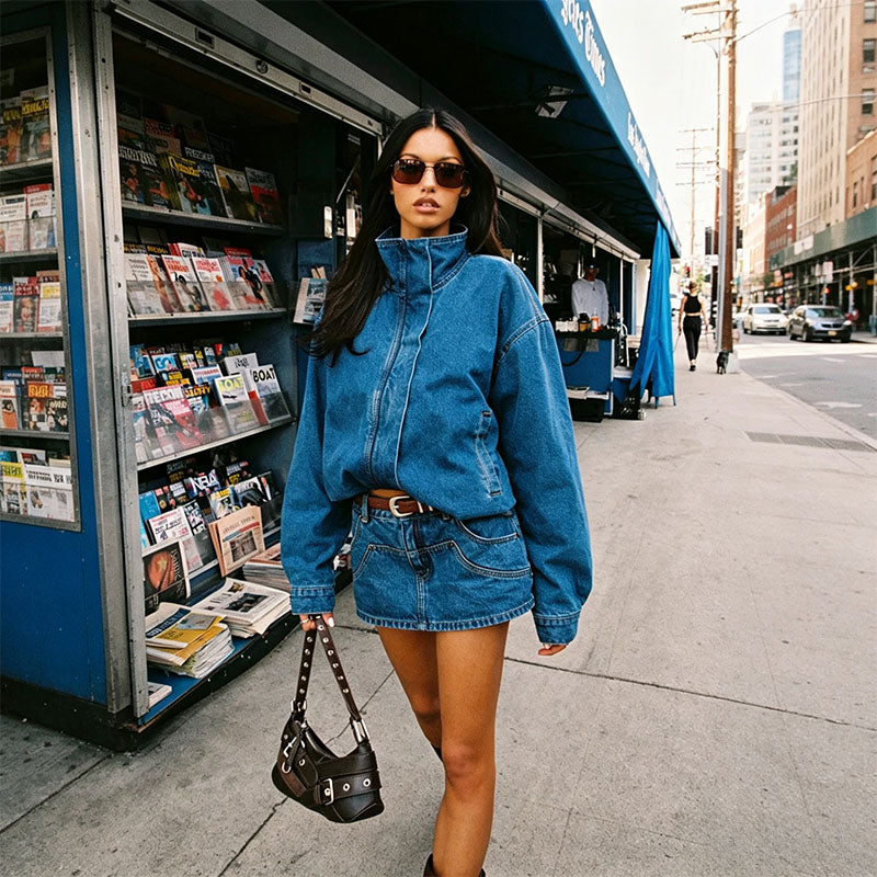 Minimalist stand-collar denim jacket