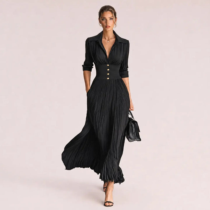A-line pleated long-sleeve dress