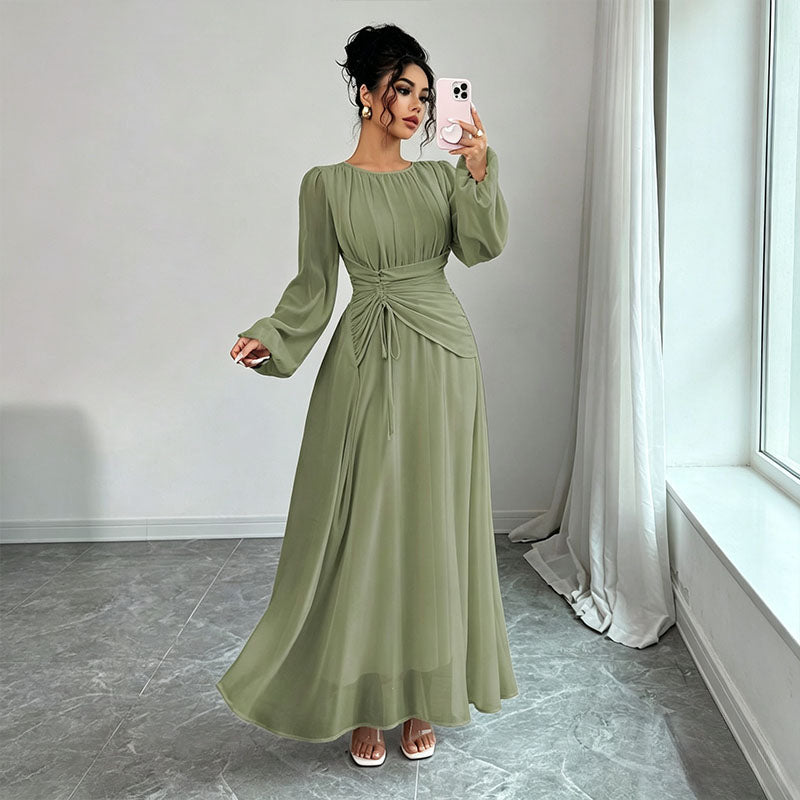 Long Sleeve Ruched Drawstring A-Line Dress