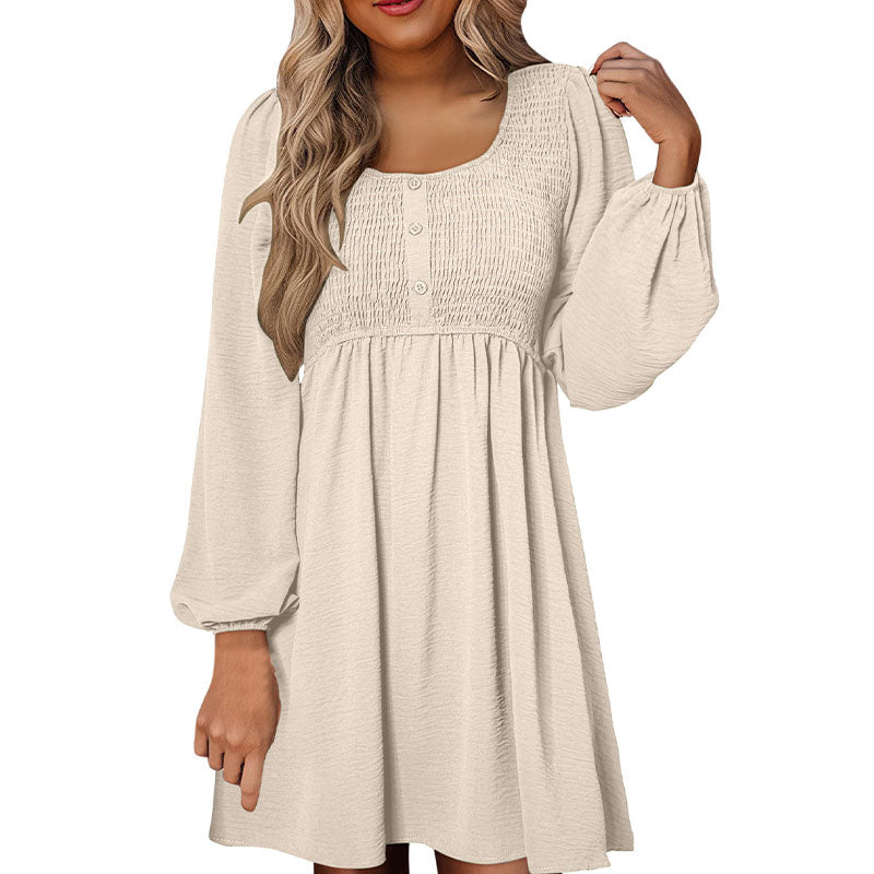 Pleated A-line long-sleeve dress