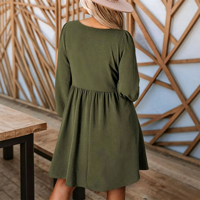 Pleated A-line long-sleeve dress