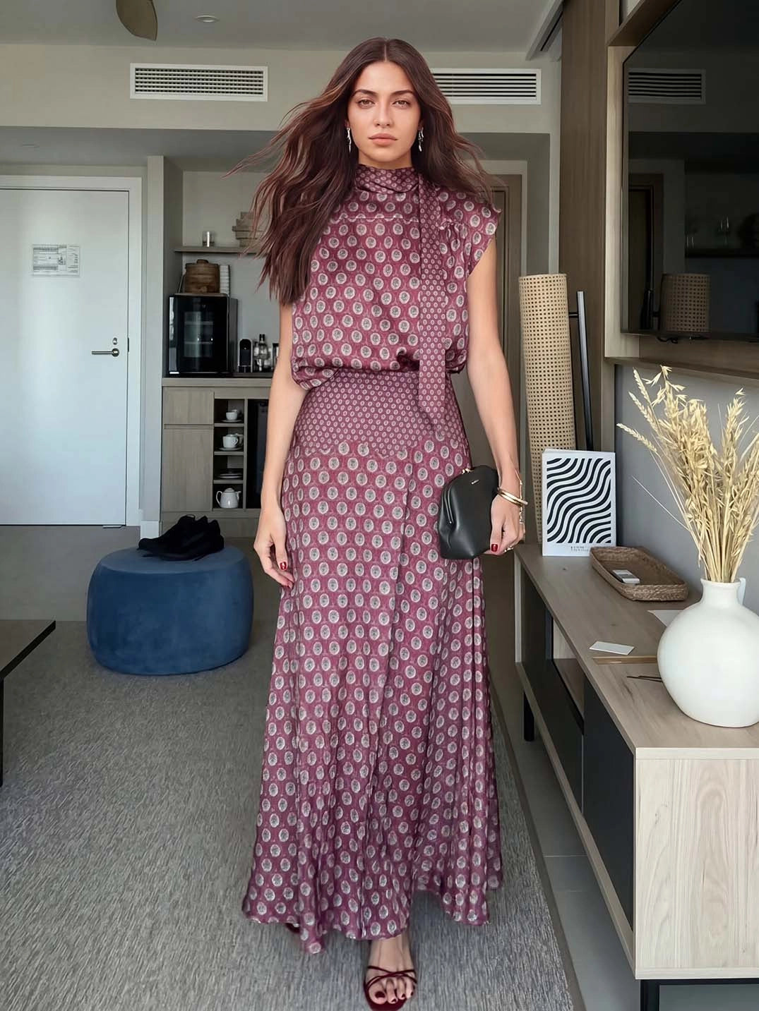 Retro Print Scarf Neck Top &amp;amp; Flowing Maxi Skirt Two-Piece Set