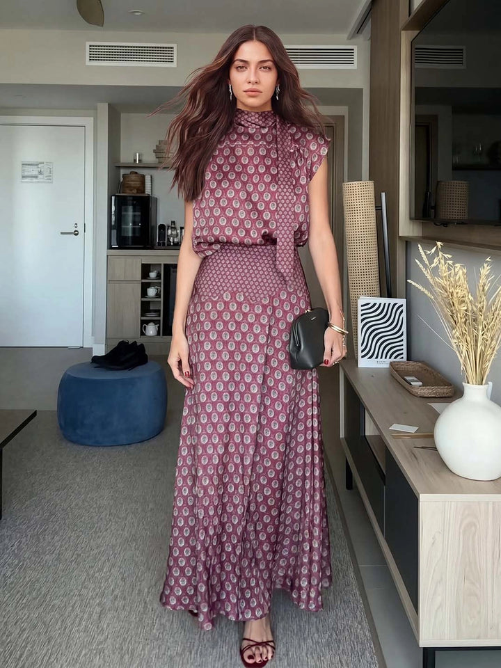 Retro Print Scarf Neck Top &amp;amp; Flowing Maxi Skirt Two-Piece Set