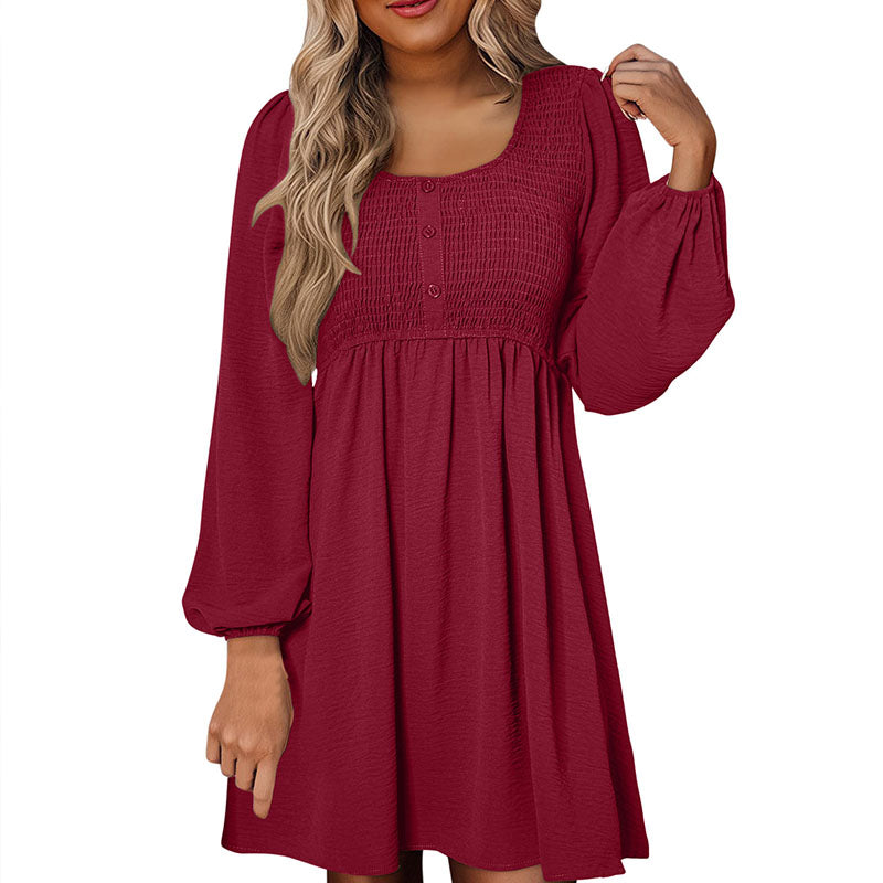 Pleated A-line long-sleeve dress