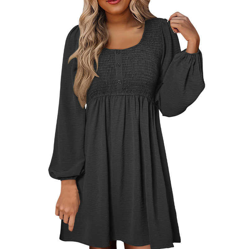 Pleated A-line long-sleeve dress