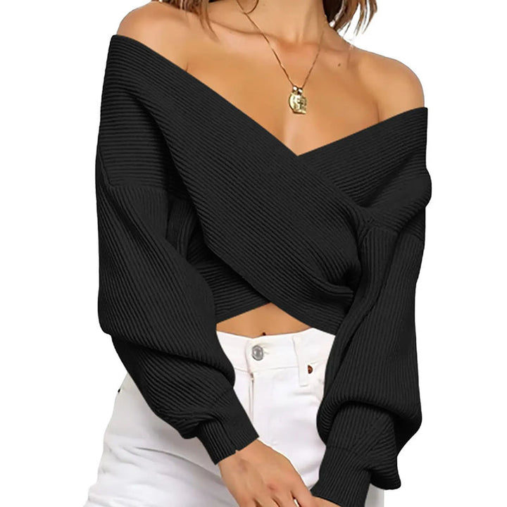 Patchwork V-neck loose long-sleeved knit sweater