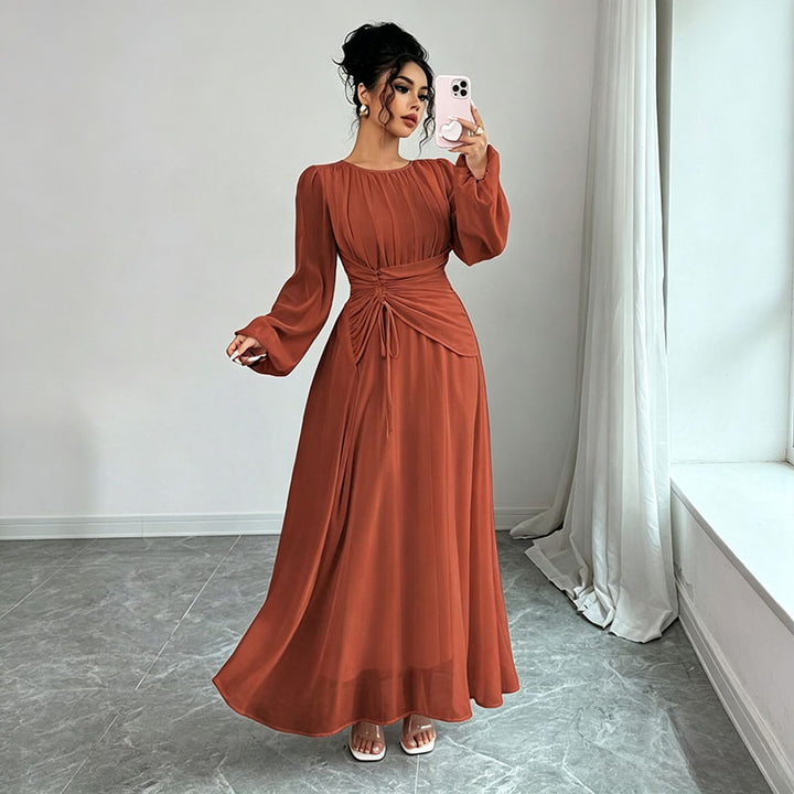 Long Sleeve Ruched Drawstring A-Line Dress