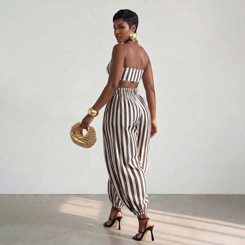 Striped strapless top and harem pants set