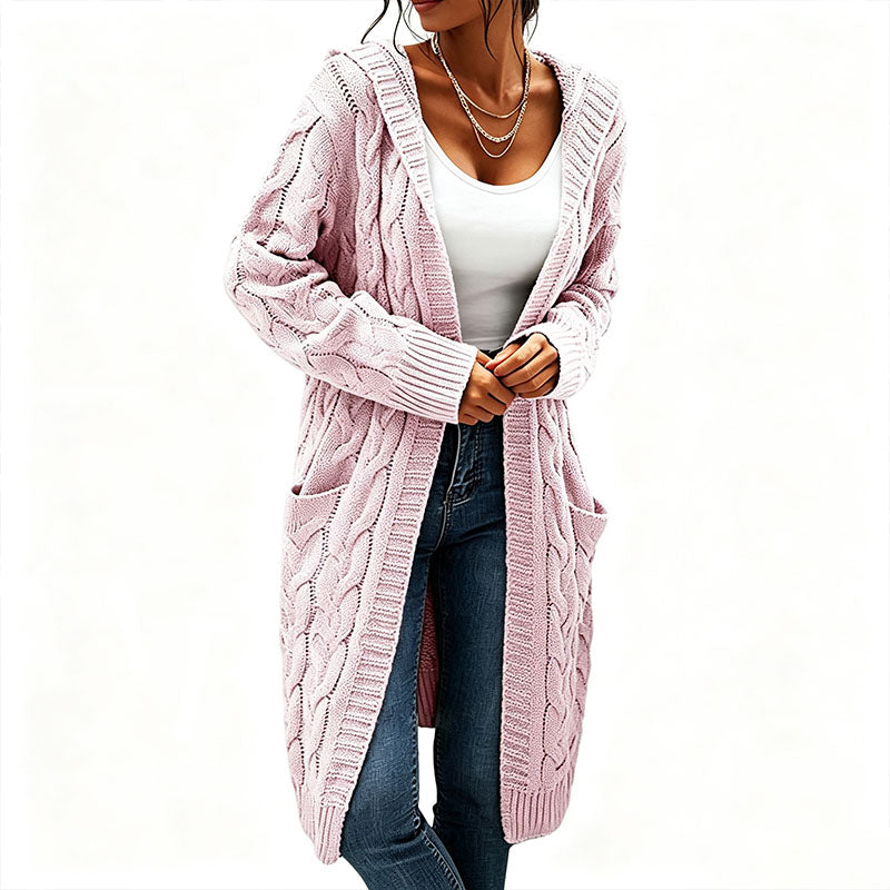 Solid-color hooded cable-knit mid-length cardigan