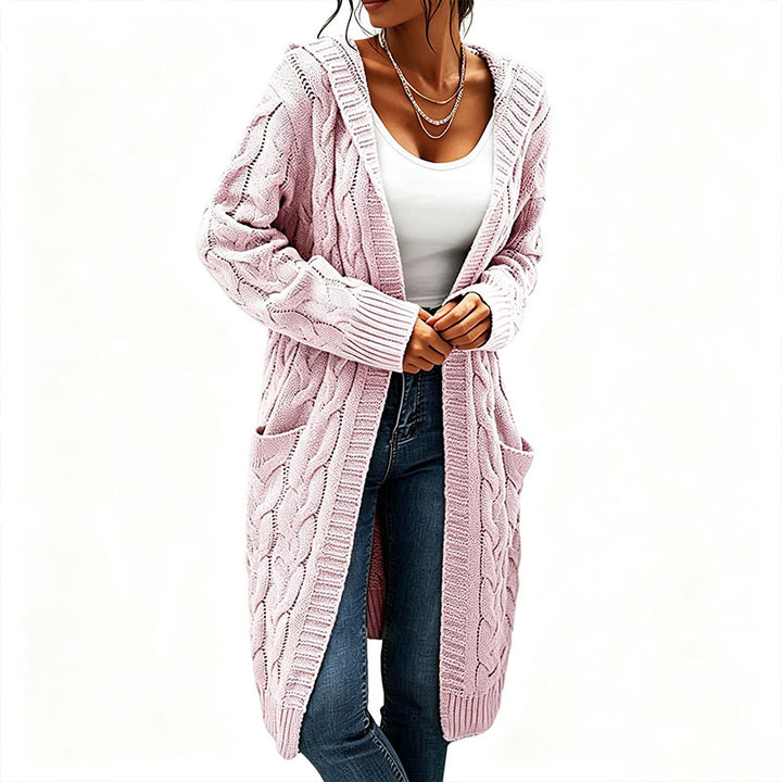 Solid-color hooded cable-knit mid-length cardigan