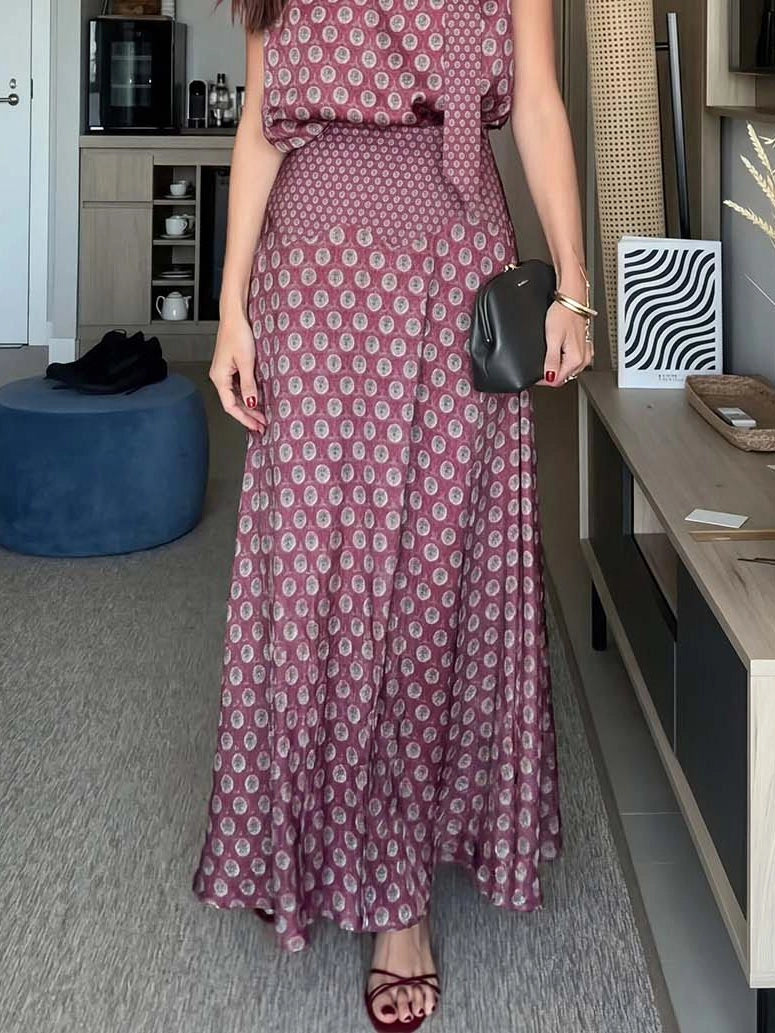 Retro Print Scarf Neck Top &amp;amp; Flowing Maxi Skirt Two-Piece Set