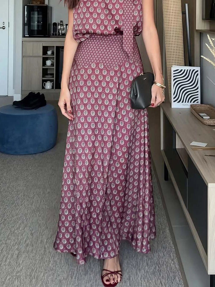 Retro Print Scarf Neck Top &amp;amp; Flowing Maxi Skirt Two-Piece Set