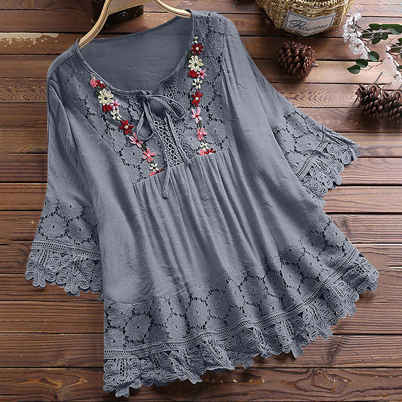 Lace-trimmed linen V-neck top
