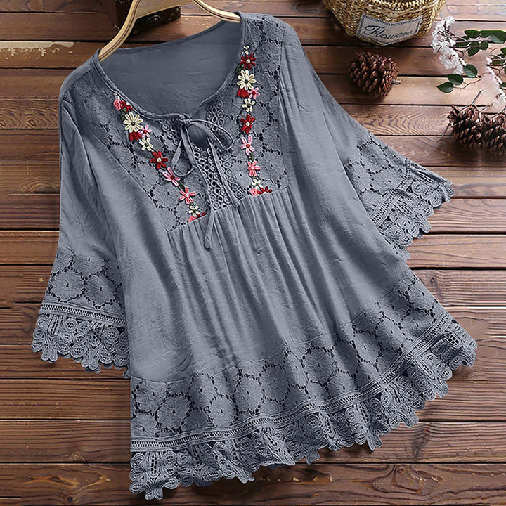 Lace-trimmed linen V-neck top