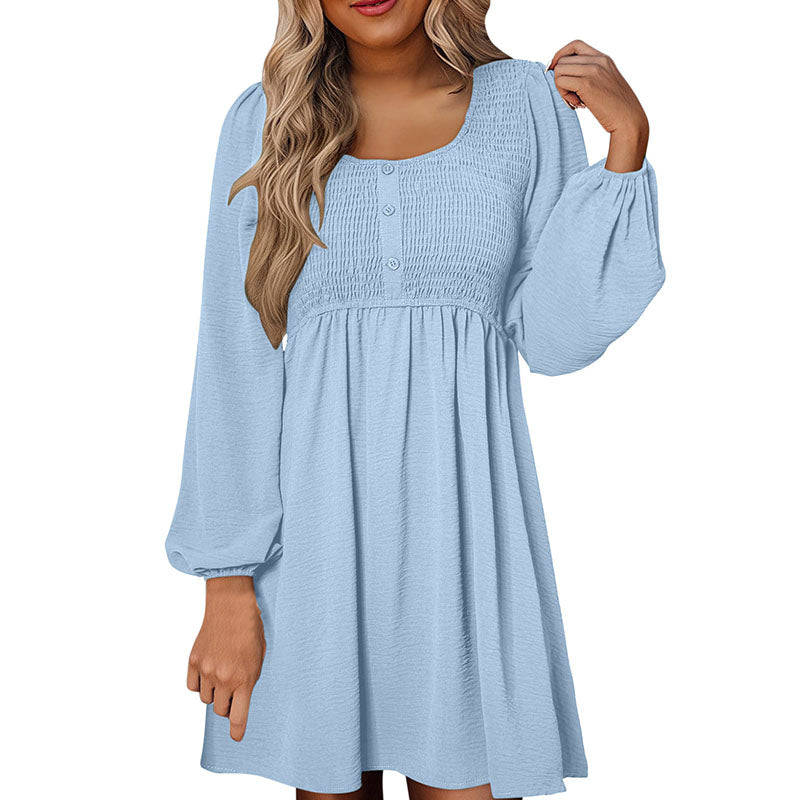 Pleated A-line long-sleeve dress