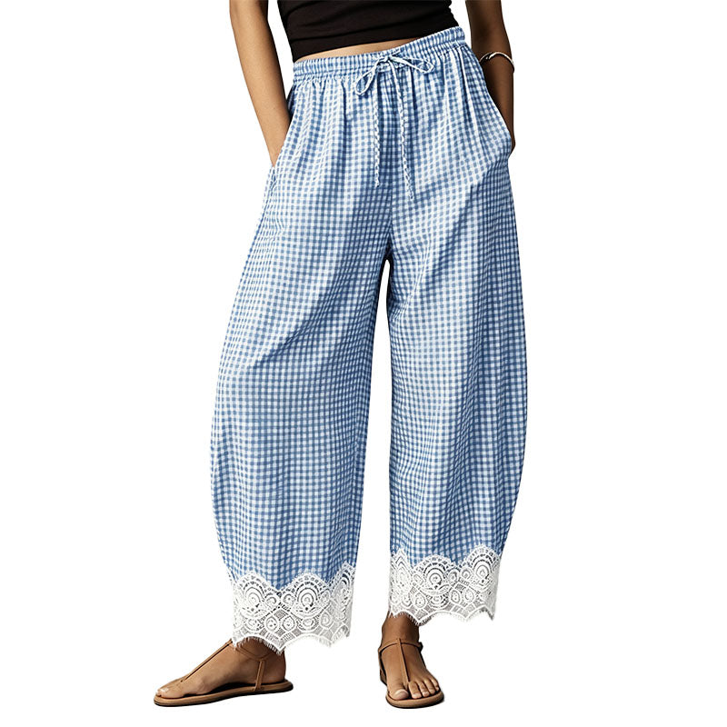 Lace-Trimmed Plaid Straight-Leg Wide-Leg Trousers