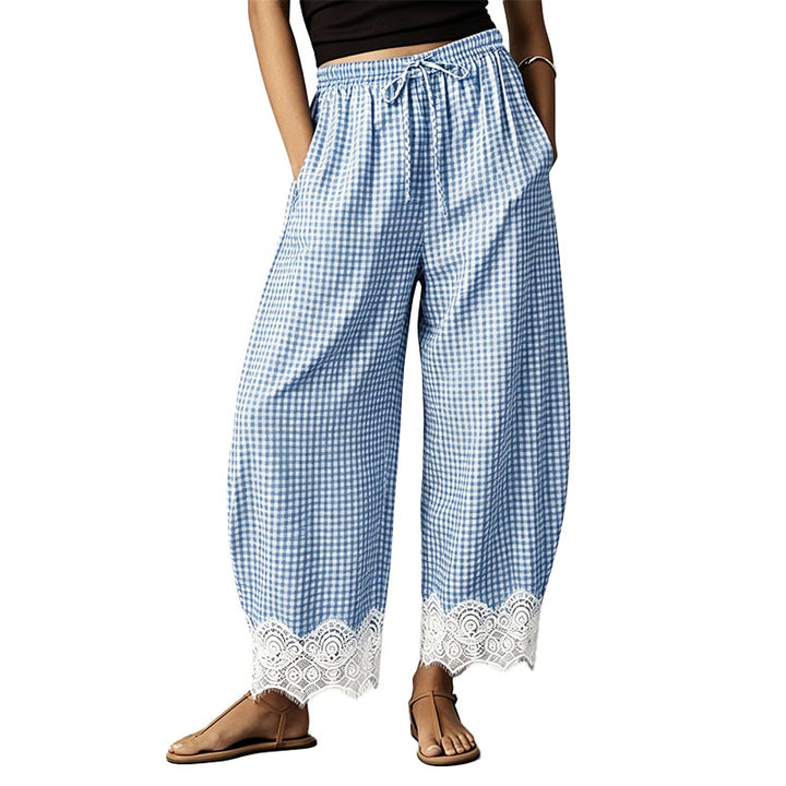 Lace-Trimmed Plaid Straight-Leg Wide-Leg Trousers