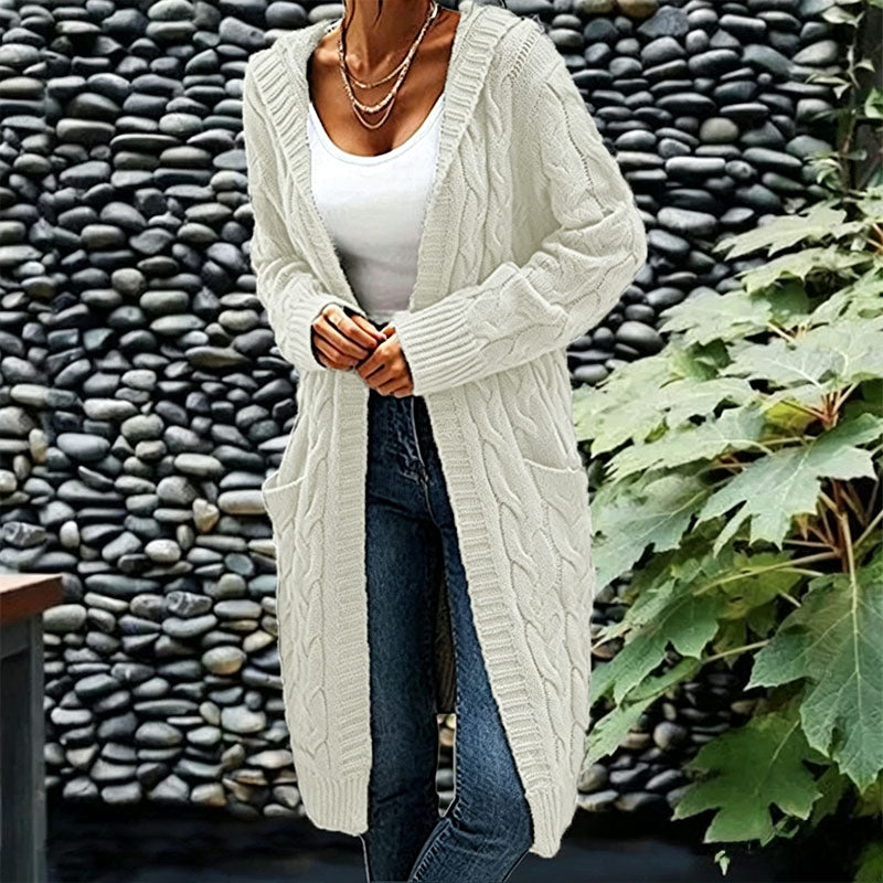 Solid-color hooded cable-knit mid-length cardigan