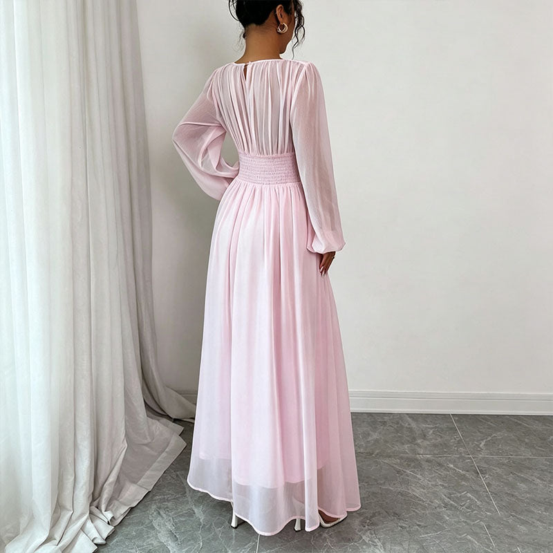 Long Sleeve Ruched Drawstring A-Line Dress