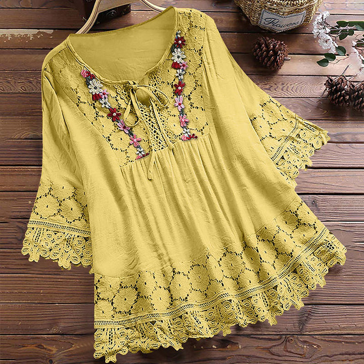 Lace-trimmed linen V-neck top