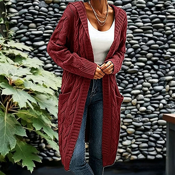 Solid-color hooded cable-knit mid-length cardigan