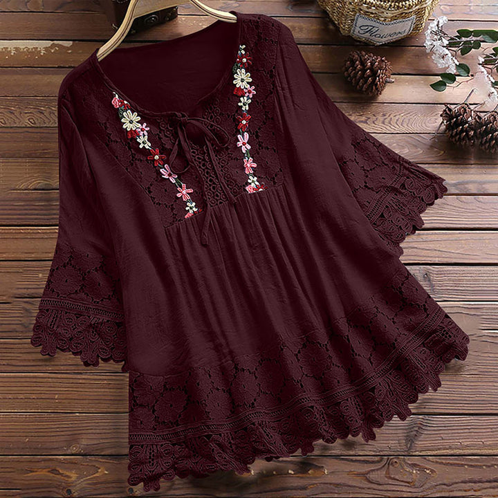 Lace-trimmed linen V-neck top